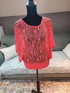 Anne Fontaine Coral Pink Open-Knit Sheer Pullover Top Large Crochet Detail